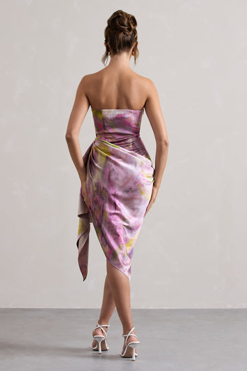 Axel Lilac Print Satin Strapless Wrap Midi Dress
